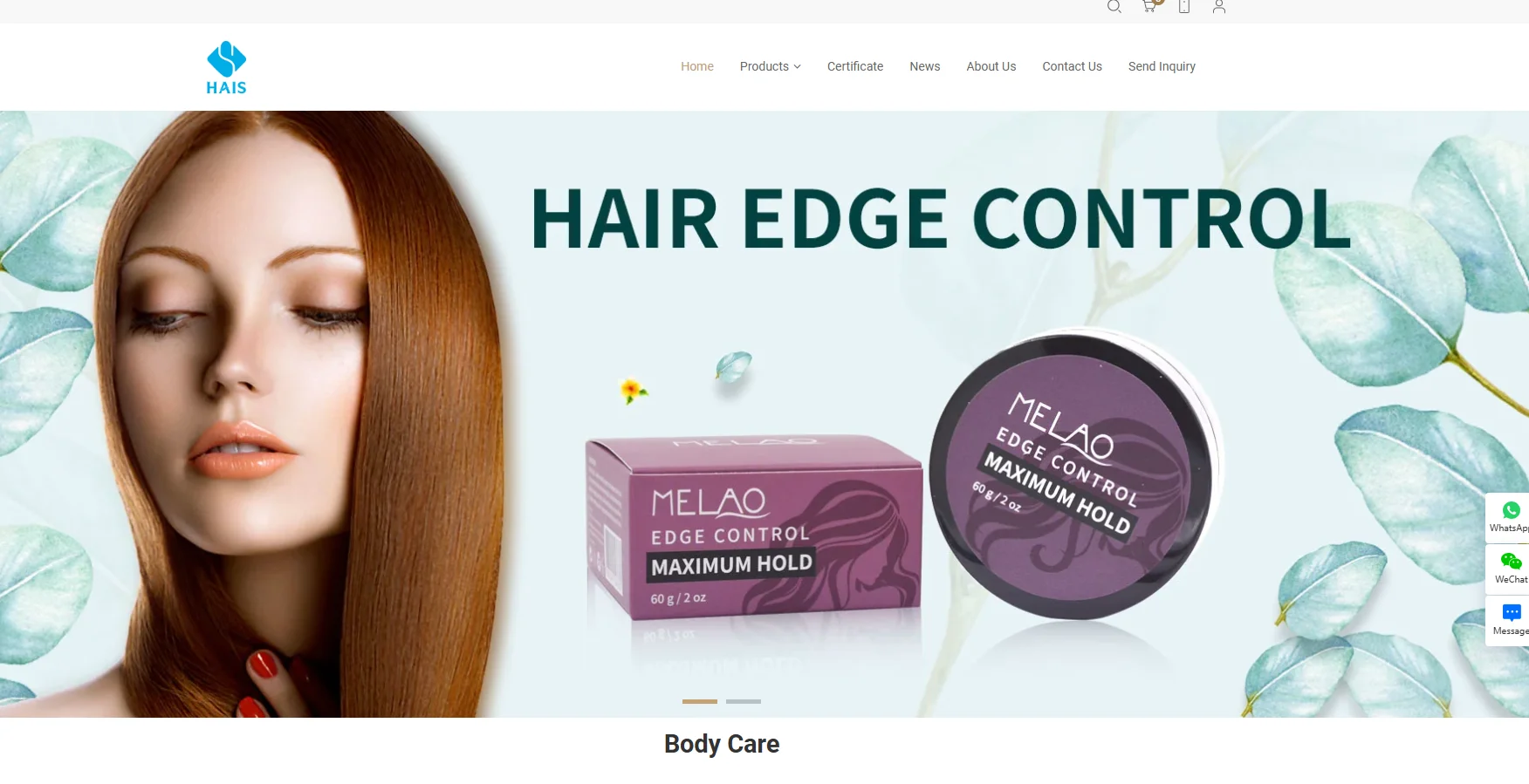 Hair care product advertisement featuring Melao Edge Control Maximum Hold with hair illustration and decorative leaves.